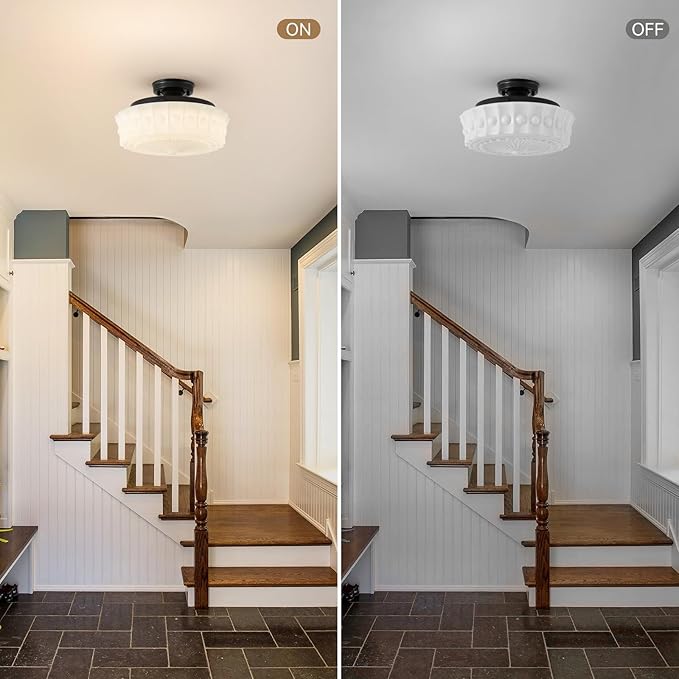 youngrender 14" Milk Glass Schoolhouse Light Fixture, Vintage Black Flush Mount Ceiling Light,Mid Century Schoolhouse Ceiling Light for Bedroom Kitchen Hallway Entryway Foyer