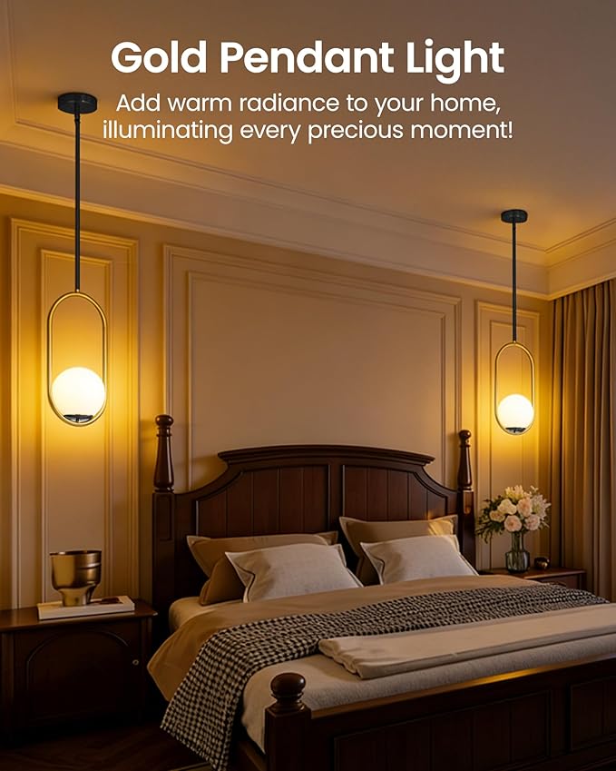 Yunnix Pendant Lights Kitchen Island, Pendant Light Fixtures, 2 Pack Modern Black and Gold Globe Glass Pendant Lighting, Mid Century Chandelier One Light for Bathroom Bedroom Dining Room