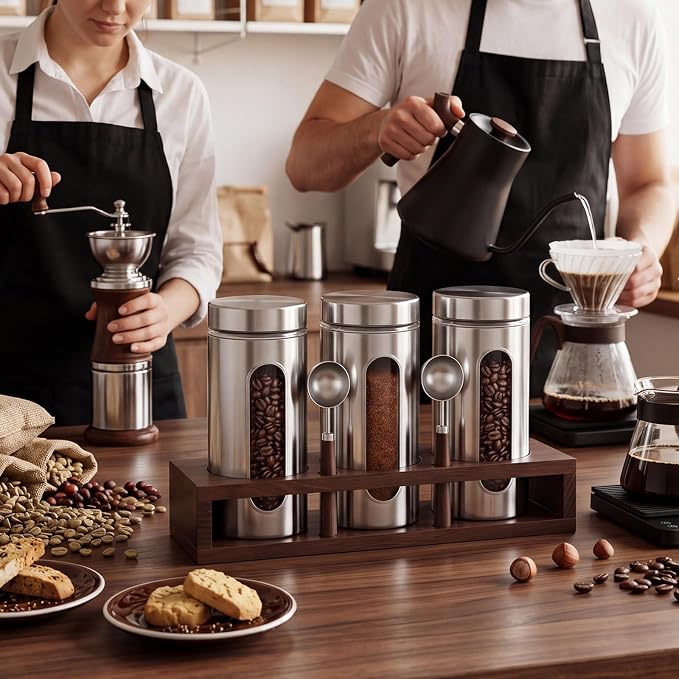 Suclain Stainless Steel Coffee Grounds Canisters with Shelf 3 x 50oz Sugar Coffee Bean Storage Container Airtight Threaded Lid Glass Window Scoop Kitchen Jar Set(Upgrade Style, 15.35 x 5 x 2.76'')