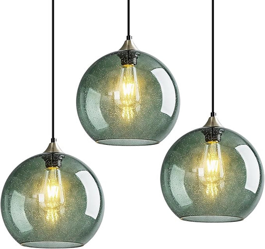 Modern 3-Pack Glass Globe Pendant Lights, Gray Green Modern Pendant Lighting for Kitchen Island, Glass Hanging Lamps for Dining Room Living Room Bedroom, Small 5.9 Inch Fixture (Bulbs Not Included)