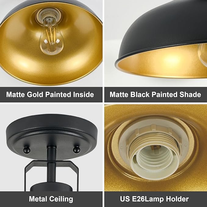Metal Semi Flush Mount Light Fixture 11.4 inch Ceiling Light Black Hallway Light Fixtures for Kitchen,Hall,Bedroom,Bathroom,Entryway 1 Pack