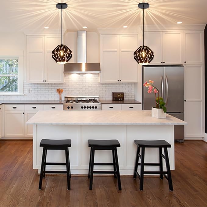 baunoisk Pendant Light Industrial Vintage Pendant Lamp Retro Farmhouse Ceiling Hanging Light Fixture Black Metal Creative Geometric Diamond Shade Pendant Lighting for Kitchen Island