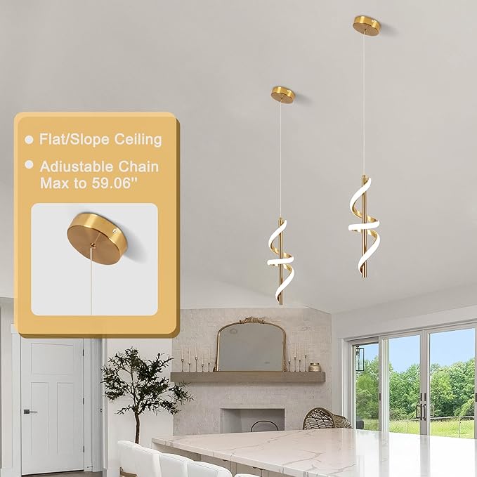 Spiral Led Pendant Light Fixtures, 5500K Gold Modern Led Pendant Lamp Kitchen Island, Adjustable Height Kitchen Island Lights Fixtures for Kitchen Island Dining Room Bedroom Sink, 3 Packs