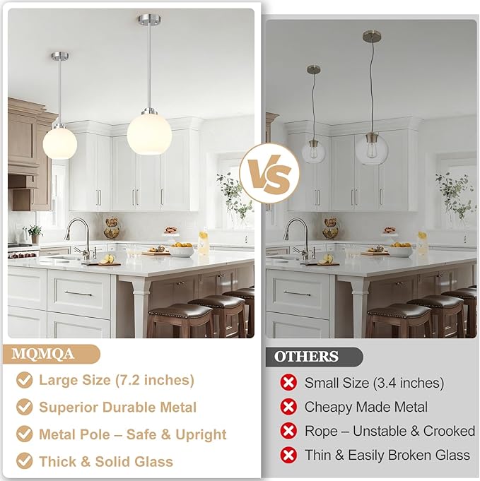 2 Pack 22"-50" Height Adjustable Glass Pendant Lights Kitchen Island, Globe Brushed Nickel Pendant Lights with Milk Glass Shade, Mid Century Pendant Light Fixtures Kitchen Pendant Lighting over Island