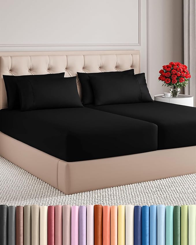 Split King 7 Piece Sheet Set - Comfy Breathable & Cooling - Ultra-Soft Hotel Luxury Bedding Set w/ 8-16 Inch Deep Pockets - 1 Flat & 2 Fitted Sheet & 4 Pillowcases - Wrinkle Free & Easy Care - Black