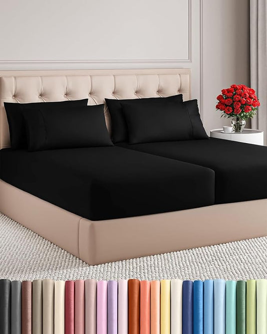 Split King 7 Piece Sheet Set - Comfy Breathable & Cooling - Ultra-Soft Hotel Luxury Bedding Set w/ 8-16 Inch Deep Pockets - 1 Flat & 2 Fitted Sheet & 4 Pillowcases - Wrinkle Free & Easy Care - Black