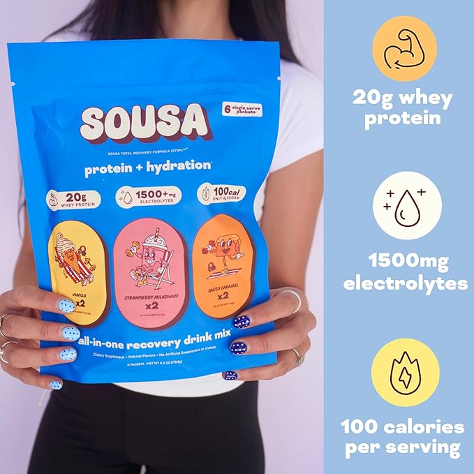Sousa Protein + Hydration Total Recovery Formula, 20g Protein, 1500mg Electrolytes, Vitamins C, B3, B6, B12, 14 Servings (Vanilla)