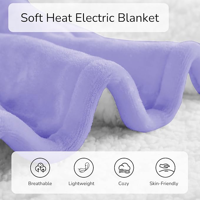 Electric Heated Blanket King Size 90"x100" – ETL Certified for Safe Overnight, 4 Heat Settings & 10H Auto Off, Dual-Sided Microplush Sherpa for Home Theater Night, Machine washable – Light Purple
