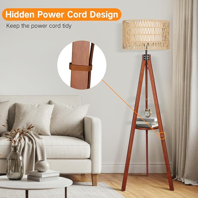 OUTON Boho Rattan Tripod Floor Lamp with Shelves, Remote Control, Dimmable Mid Century Modern Standing Lamp 58.5" for Bedroom, Living Room & Office, Lamp Shade Includes E26 9W Bulb, Walnut