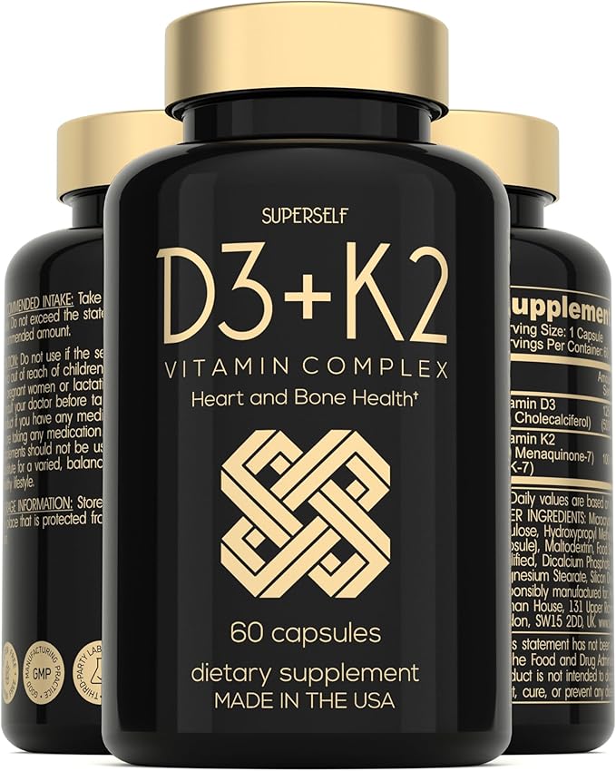 Gélules SuperSelf Vitamine D3 K2 - Vitamine D3 5000 UI et Vitamine K MK7 100mcg - 60 Gélules - Complément de Vitamine D végétarien fabriqué aux États-Unis - Vitamine D à haute dose pour les os, les muscles, les dents, le système immunitaire