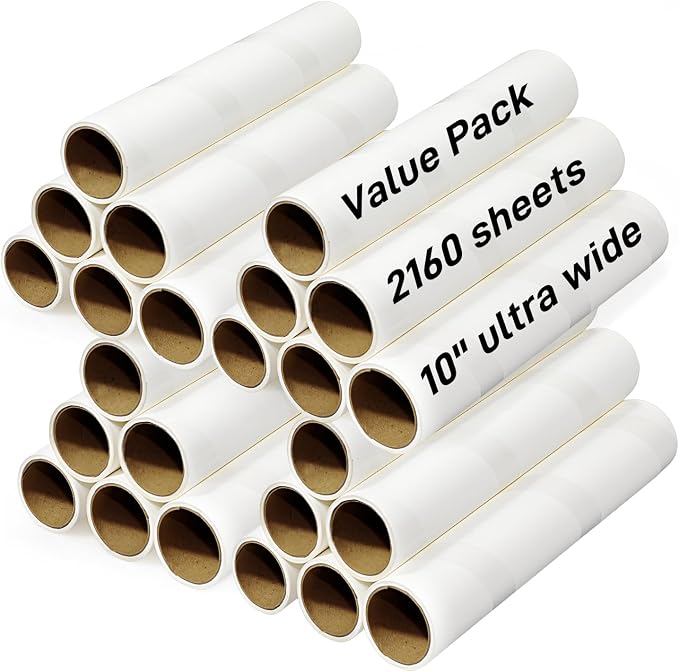 (24PK) 10-Inch Large Lint Roller Refills Extra Sticky Mega Pet Hair Remover Compatible with Evercare/Leo Rolls, Sticky Roller Replacements for Carpet & Bedding (90 Sheets/Roll, Total 2160 Sheets)