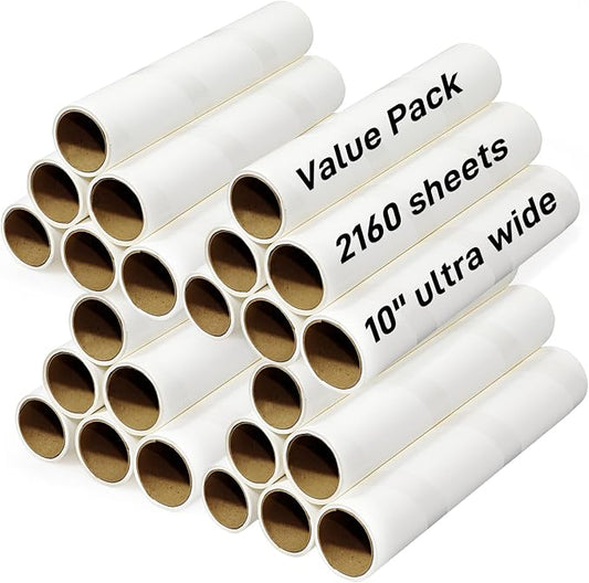(24PK) 10-Inch Large Lint Roller Refills Extra Sticky Mega Pet Hair Remover Compatible with Evercare/Leo Rolls, Sticky Roller Replacements for Carpet & Bedding (90 Sheets/Roll, Total 2160 Sheets)