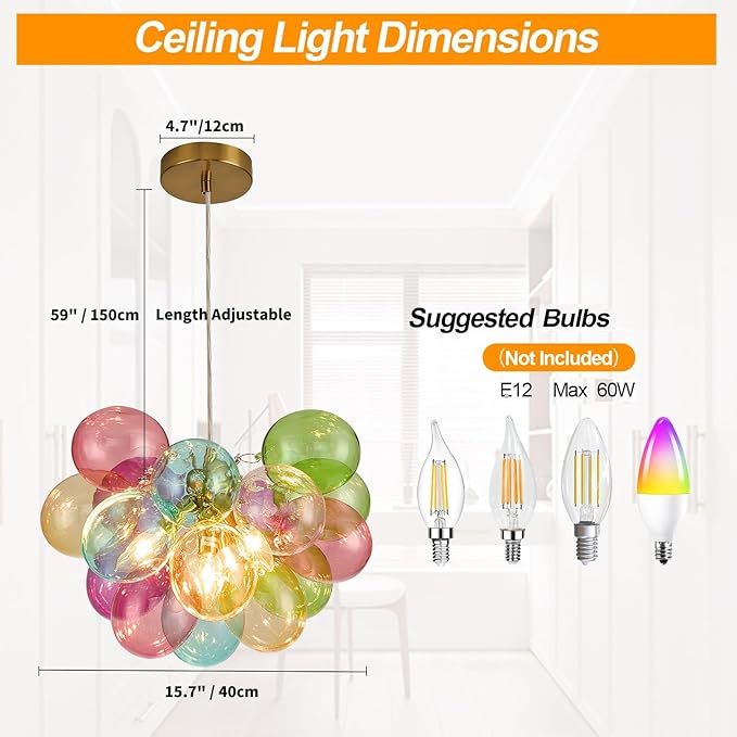 Surpars House Colorful Bubble Balls Chandelier, Modern Glass Ceiling Light, 4 Lights Pendant Lighting Fixture for Bedroom,Livinng Room,Dining Room