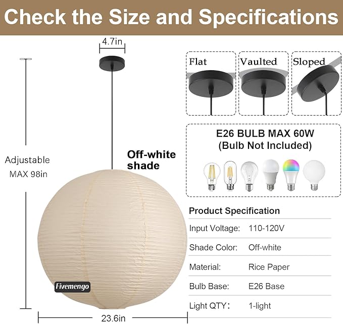 Large Paper Pendant Light with Cord and Canopy, 23.6in Off-White Rice Paper Hanging Lamp, Japanese Japandi Wabi Sabi Lantern Lamp Chandelier for Living Dining Room Bedroom Kitchen 1 Pack