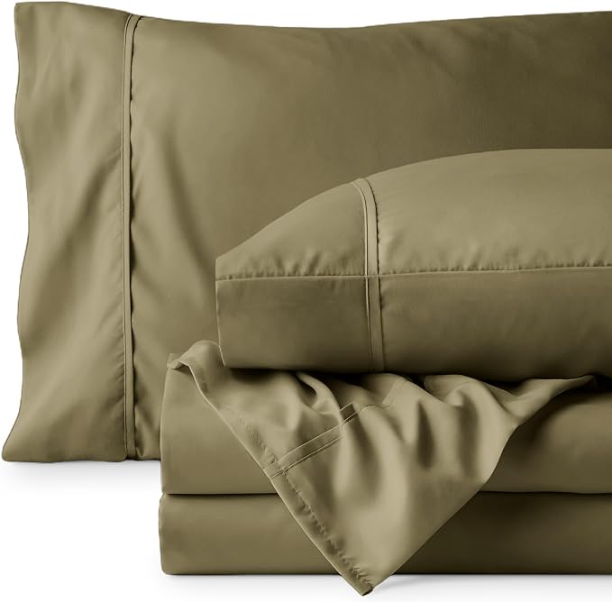 Bare Home Split Head Flex King Sheet Set - 1800 Ultra-Soft Microfiber Bed Sheets - Double Brushed - Deep Pockets - Easy Fit - 4 Piece Set - Bedding Sheets & Pillowcases (Olive)