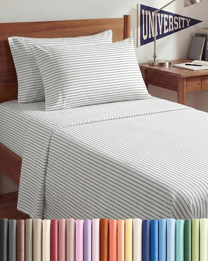 Twin XL 4 Piece Sheet Set - Comfy Breathable & Cooling - Soft Hotel Luxury Bedding Set with 8-16 Inch Deep Pockets - 1 Flat & 1 Fitted Sheet & 2 Pillowcases - Wrinkle Free & Easy Care - Grey Stripes 2