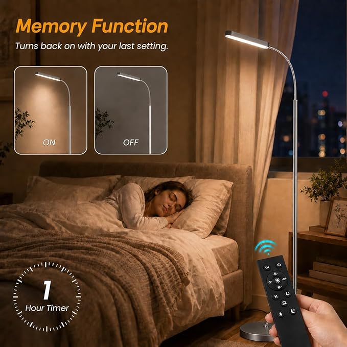 Wio-Mio 15w/1000lm Bright LED Floor Lamp with Stepless Adjustable 3000K-6000K Colors and Dimmer, Remote and Touch Control Reading Lamp, Adjustable Gooseneck Floor Lamp for Living Room