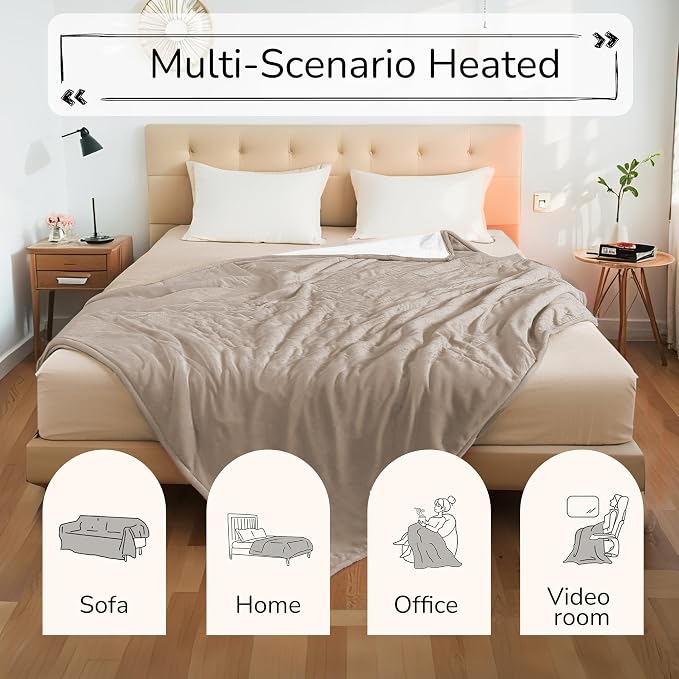 Electric Heated Blanket 84"x90" Queen Size, Dual-Sided Microplush Sherpa for Bedroom Couch Use, 4 Heat Settings & 10 Hours Auto Off Energy Saving, Dual Controller, Machine Washable - Light Brown