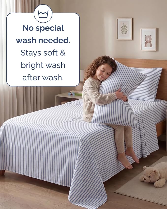 Twin 4 Piece Sheet Set - Comfy Breathable & Cooling - Soft Hotel Luxury Bedding Set with 8-16 Inch Deep Pockets - 1 Flat & 1 Fitted Sheet & 2 Pillowcases - Wrinkle Free & Easy Care - Blue Stripes 2