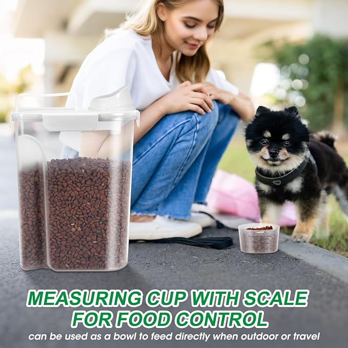 TBMax 2 Pack Cat Dog Food Storage Containers 10 to 14 Lbs, Portable Travel Pet Container Dispenser with Easy-Pouring Spout & Cup, Airtight Bird Seed Container Dog Treat Storage Bin -White