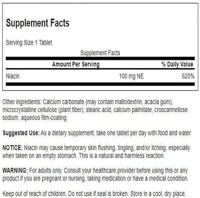 Swanson Niacine (Vitamine B3) - Supplément vitaminique favorisant la santé cardiaque et le métabolisme des glucides - Favorise la production naturelle d'énergie - (250 comprimés, 100 mg NE chacun)