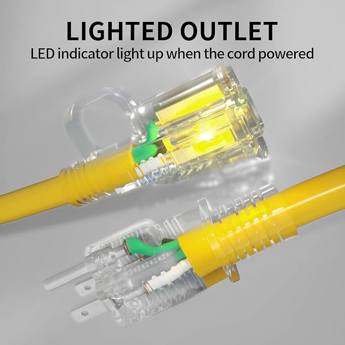 POWGRN 150 ft 12/3 Outdoor Extension Cord Waterproof Heavy Duty with Lighted Indicator End 12 Gauge 3 Prong, Flexible Cold-Resistant Long Power Cord Outside, 15Amp 1875W SJTW Yellow ETL Listed