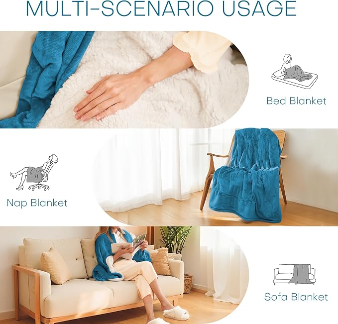 Electric Heated Blanket 72"x84" Full Size, Dual-Sided Flannel & Sherpa, 9 Heat Settings & 1-10H Auto Off, Soft Warm for Home, Office, Bed, Couch, Machine Washable, Ideal Winter Gift, Tile Blue