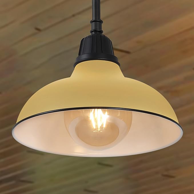 JONATHAN Y 12.25" Matte Yellow 1-Light Farmhouse Indoor/Outdoor LED Pendant Iron Hanging Light, and Black Metal Shade, Rustic Ceiling Lamp for Kitchen Island, LED Bulb Included (JYL7611H)