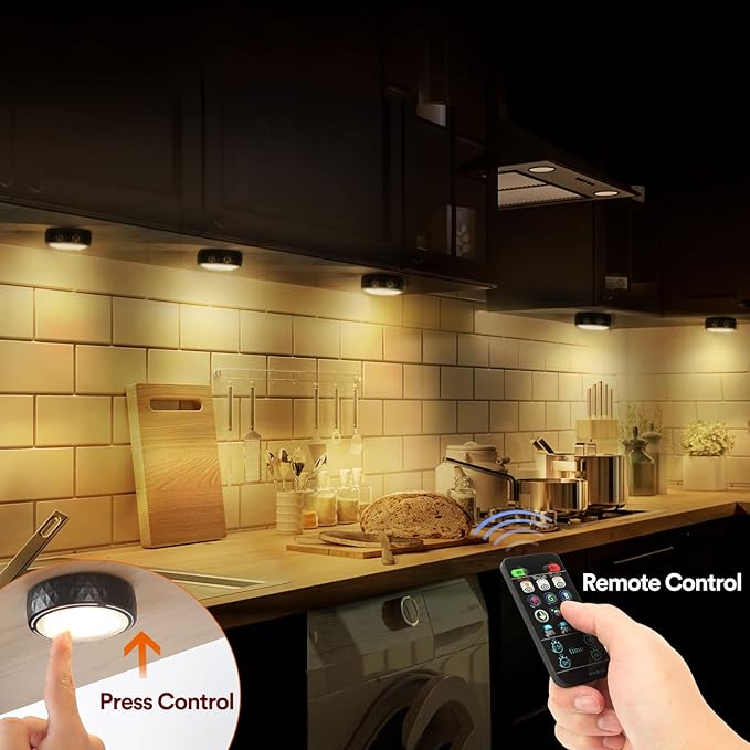 TECOMLIGHT LED Puck Lights with Remote Control, Battery Operated Wireless Closet Lights, Under Cabinet Lighting Stick on Tap Push Light, Color Changing Under Counter Light for Kitchen, 2 Pack - Black