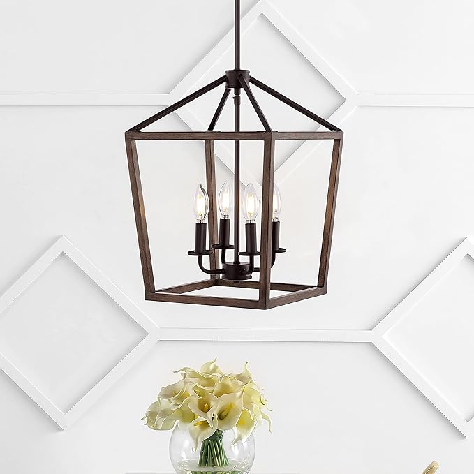 JONATHAN Y 13" Oil Rubbed Bronze/Faux Wood 4-Light Farmhouse Lantern Pendant Light, LED Cage Chandelier for Kitchen Island, Foyer, Entry, Metal Wood Finish Shade, Bulbs Included (JYL1322A)