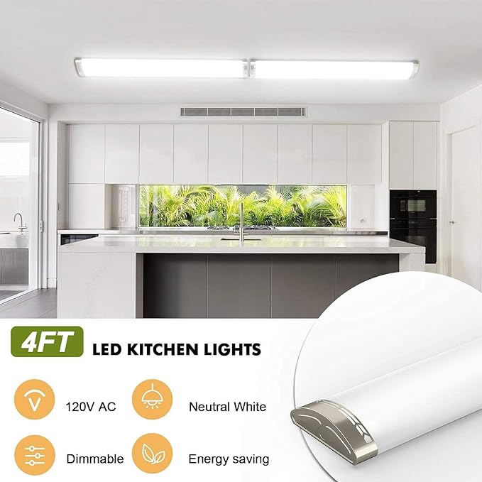 Dimmable 4FT LED Kitchen Puff Ceiling Lights, 40W, 4800LM, 5000K, 4 Foot LED Linear Fixture 48 Inch Flush Mount Wraparound Shop Light for Garage, Office, Fluorescent Tube Replacement
