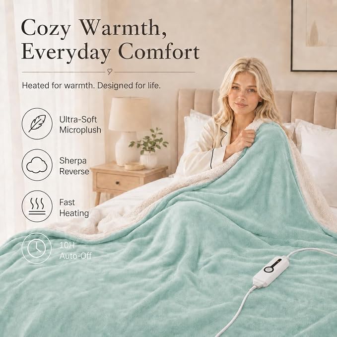 Electric Heated Blanket Full Size 72"x84" – ETL Certified for Safe Overnight, 4 Heat Settings & 10H Auto Off, Dual-Sided Microplush Sherpa for Home Theater Night, Machine washable – Onsen Green