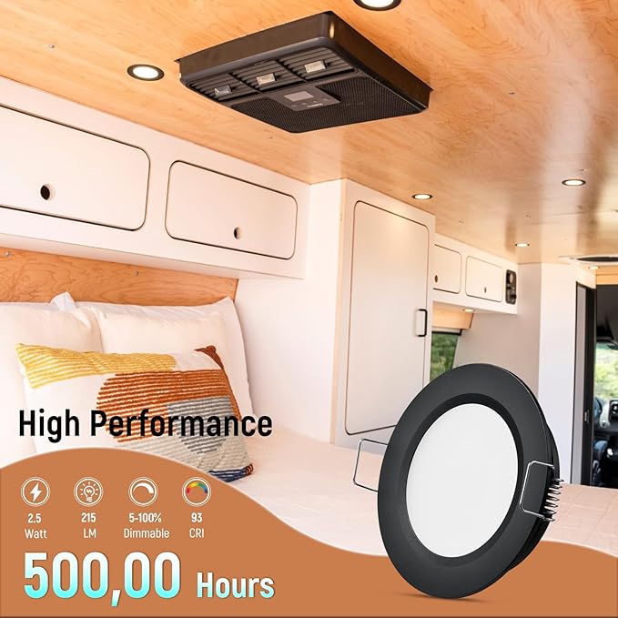 8 Pack 12 Volt LED Puck Light RV Recessed Mount Ceiling Light 2.75” 12V Down Light for Camper Van Truck Boat Interior Ceiling Kitchen Cabinet Lighting CRI 93 (Black/Cool White)
