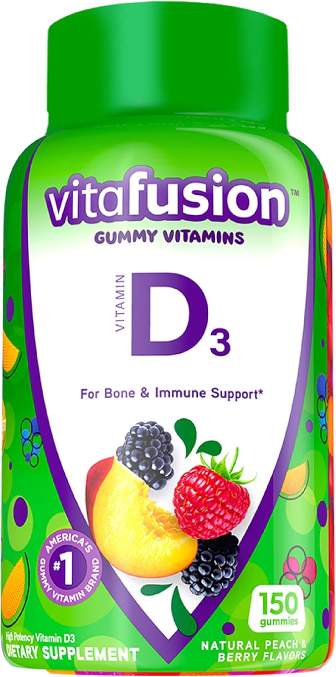 Vitafusion Fibres Bien Sans Sucre, Complément de Fibres et Vitamine D3, Gélifiés pour le Soutien des Os et du Système Immunitaire, Arômes Pêche, Mûre et Fraise, 50 mcg de Vitamine D, 75 Jours d'Approvisionnement, 150 Gélifiés