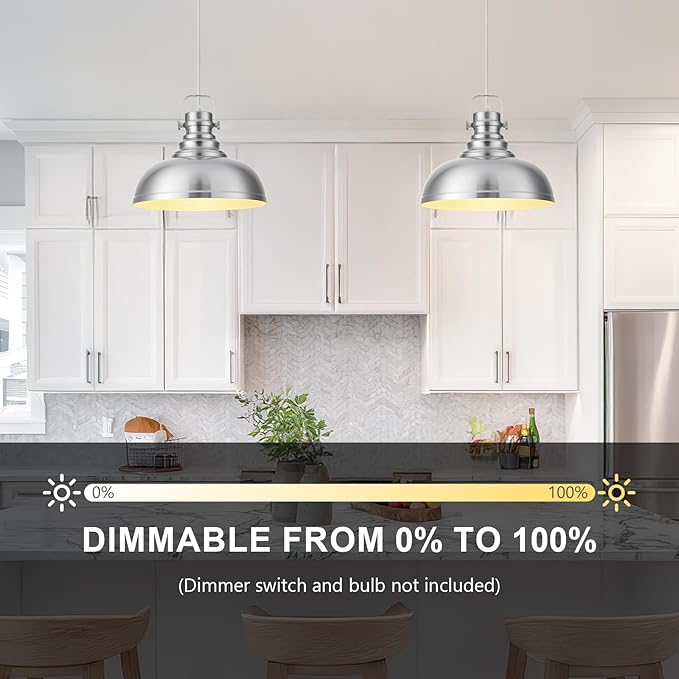 Refice Brushed Nikcel Farmhouse Pendant Lights Industrial Pendant Lighting for Kitchen Island Adjustable Height Dome Hanging Lights for Barn, Dining Room 2 Packs