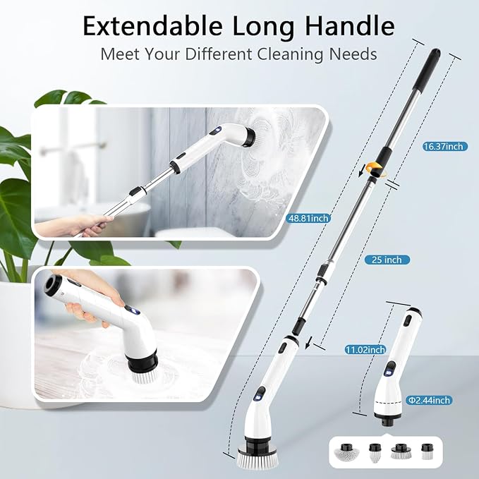 TUYU Electric Spin Scrubber,IPX7 Full-Body Waterproof Cordless Cleaning Tool, LCD Battery Indicator, Adjustable Extension Handle, 90-Minute Runtime for Bathroom, Kitchen, Glass, Car