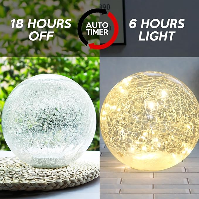 Crackle Globe LED Lamp Battery Operated with Timer, Lighted Glass Orb for Living Room & Festival Christmas Decoration, Indoor Glowing Night Light Sphere Table Lamp for Mother's Gift, Glass Ball Light