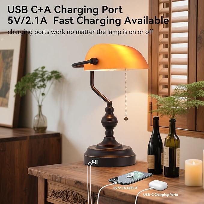 Bankers Desk Lamp with USB A and Type C Charging Port, Vintage Banker's Desk Lamp with Pull Chain Switch, Library Lamp for Office Study Room, Amber Glass Bronze Desk Lamps