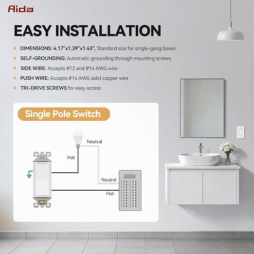 AIDA 20 Pack Light Switch Single Pole Light Switch Square Rocker Switch Decorative Switches White, 15 Amp Self-grounding Electrical Light Switches, Residential Grade, UL Listed Glossy White