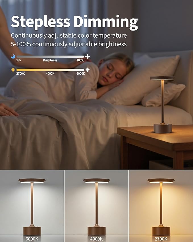 PUSU Rechargeable Table Lamps Set of 2, Brown Cordless LED 4000mAh Battery Desk Lamp, Stepless Dimming & 3 Color 2700K-6000K, Portable Lamp for Bedroom, Living Room, Restaurant, Outdoor, Night Light