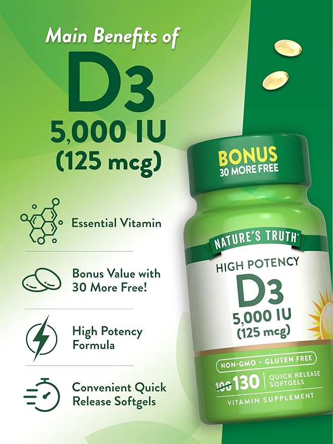 Nature's Truth Vitamin D3 5000 IU Softgels | 130 Count | High Potency | Non-GMO & Gluten Free Supplement