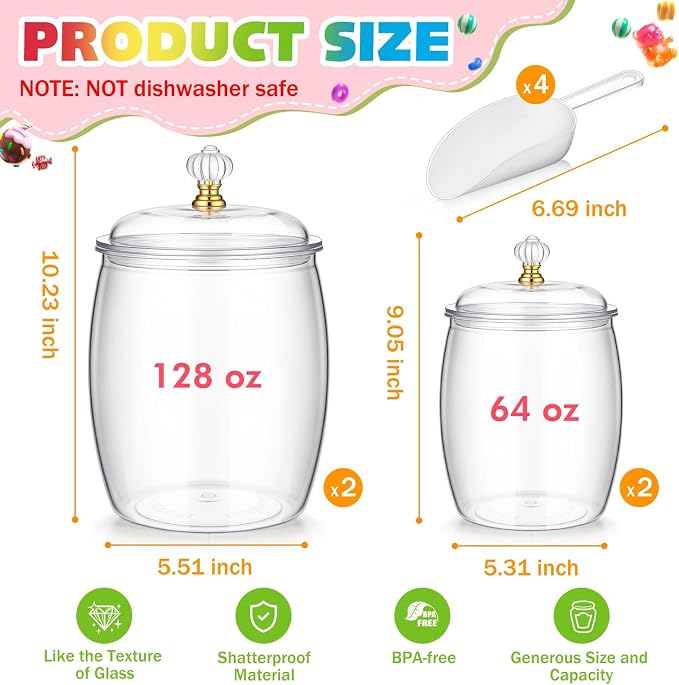 Mwellewm 4Pc Candy Jars with Lids 1 Gallon/64 OZ Clear Plastic Cookie Container with Scoops Large Airtight Apothecary Storage Organization Snack Buffet Canister for Wedding Home Kitchen Bar Decoration