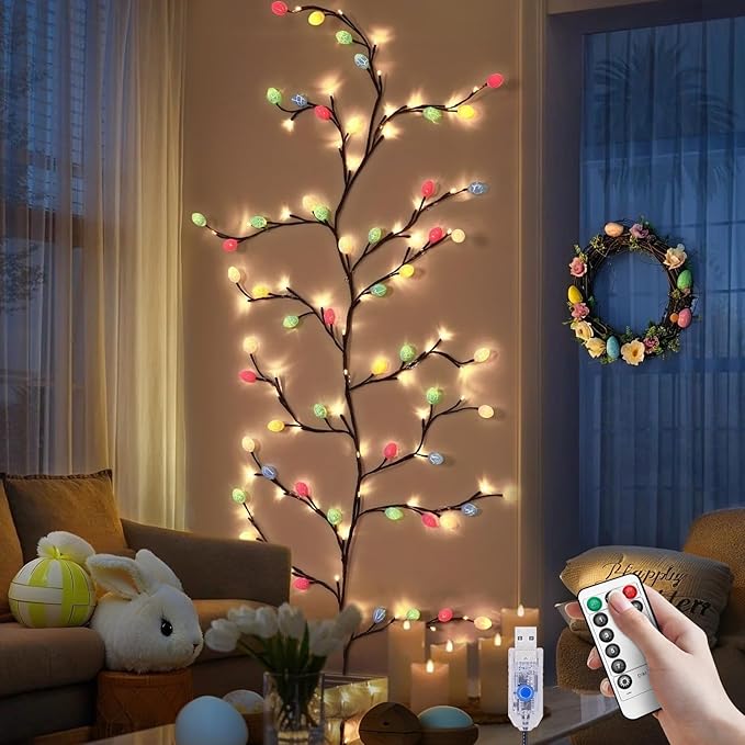 Easter Egg LED Tree Branch Lights for Wall,Easter Egg Willow Vine Twig Decor,USB Interface,with 48 LED Lights and Remote,8 Lighting Modes,for Home,Walls,Doors Windows (47inch)