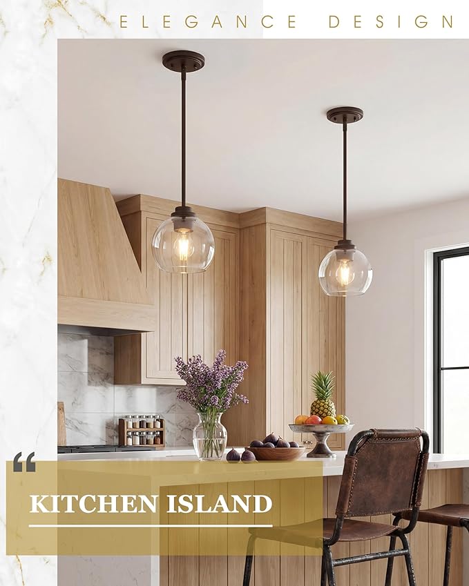 2-Pack Pendant Lights Kitchen Island, 7" Oil Rubbed Bronze Hanging Lights Fixtures with Clear Glass Globe Shade, Modern Kitchen Island Lighting for Bathroom, AD-22280-1P2-ORB