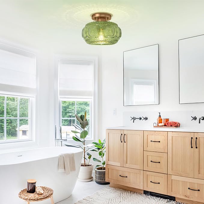 Semi Flush Mount Ceiling Light, Green Globe Glass Ceiling Light Fixture, Art Deco Kitchen Lighting fixtures Ceiling for Hallway Porch Corridor Bedroom, Bulb Not Included