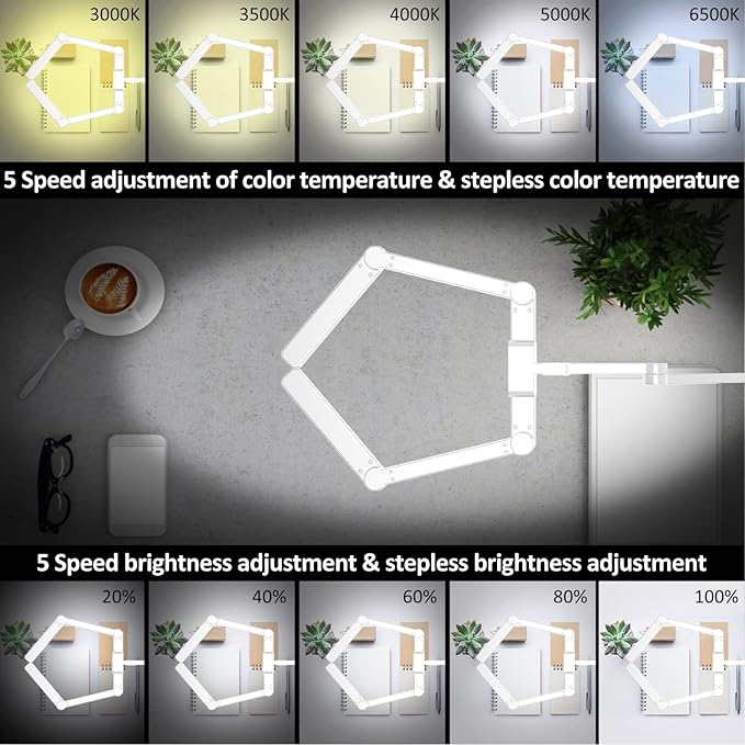 EPABINA LED Desk Lamp for Home Office, 41.5" White Clip on Architect Desk Lamp with Clamp, 24W Adjustable Dimmable Bright Swing Arm Eye Care LED Table Light Clamp on Office Lighting
