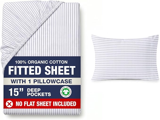 LANE LINEN Twin XL Fitted Sheet, 100% Organic Cotton 2-Piece Set (1 Fitted Sheet, 1 Pillowcase), Percale Weave, Bottom Sheet, Breathable, Fits Mattress Upto 15" Deep - Ticking Stripe (No Flat Sheet)