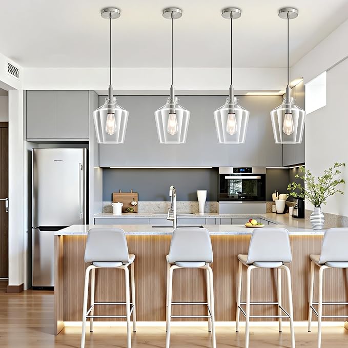 Modern Glass Pendant Light for Kitchen Island 2 Pack, Farmhouse Nickel Pendant Light Fixtures, Adjustable Hanging Ceiling Light Angled Clear Glass Shades 8 Inch