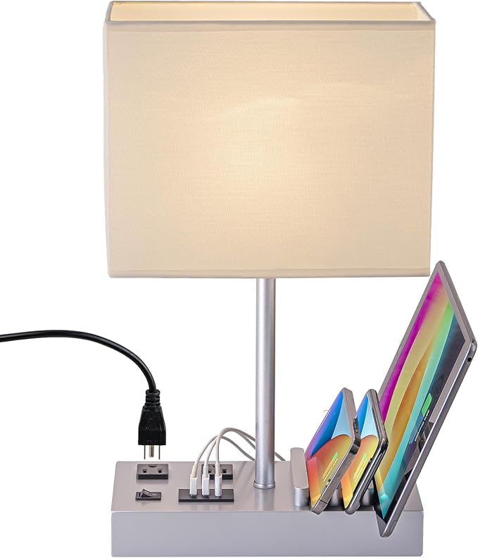 Briever USB Table Lamp, Multi-Functional Desk Lamp with 2 AC Outlets, Bedside Lamp with 3 USB Charging Ports and Wooden Phone Stands, Nightstand Lamp for Bedroom, Livingroom, Office, Silver Woodgrain