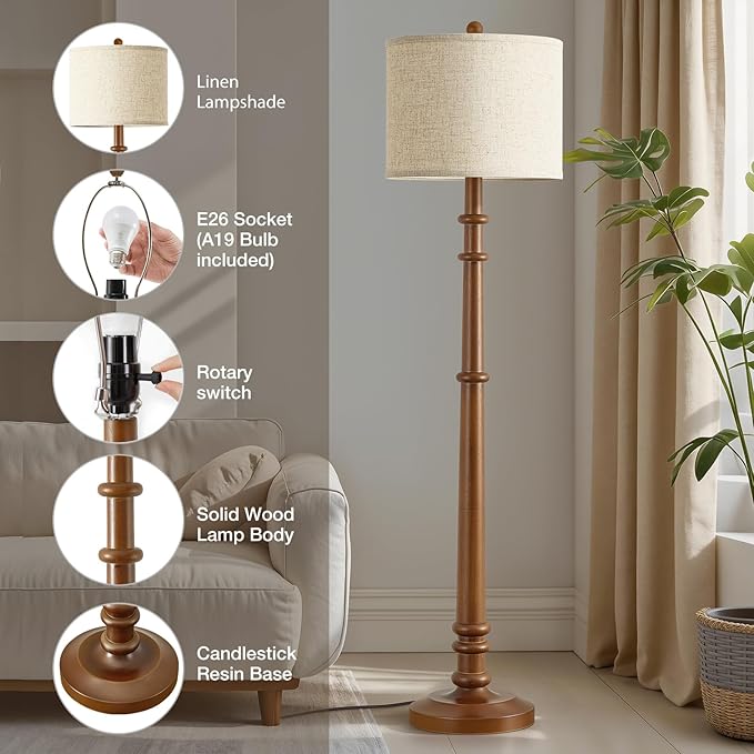 Floor Lamps for Living Room - 60" Wood Farmhouse Floor Lamp with Adjustable Color Temperatures - Vintage Standing Lamp Reading Light with Linen Shade Rustic Tall Lamp for Bedroom Office, Dining Room